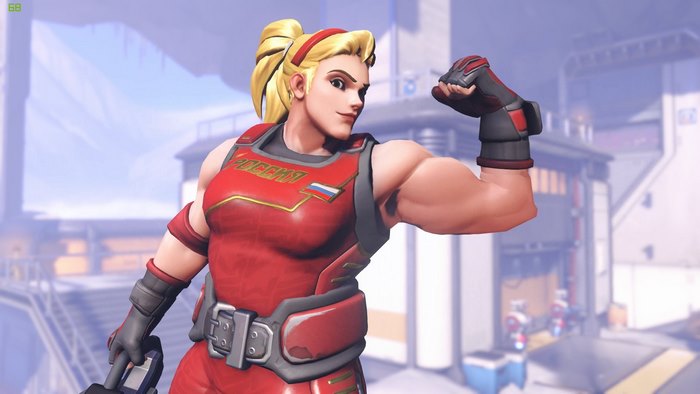 Zarya from Overwatch flexing her bicep
