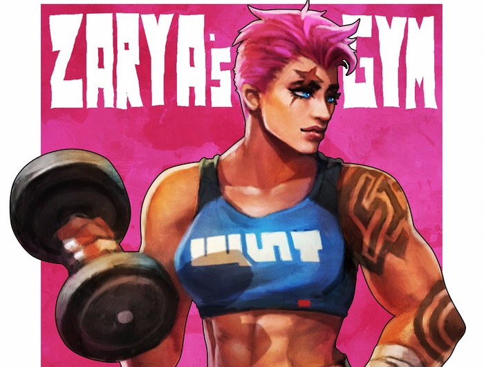 Zarya from Overwatch holding a dumbbell