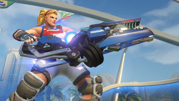 Zarya from Overwatch holding a weapon
