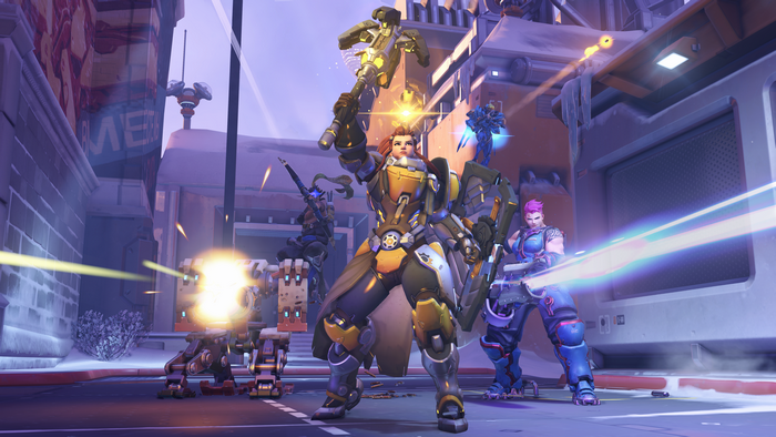 Zarya and allies in Overwatch battle
