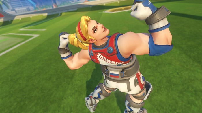 Zarya from Overwatch in a sports outfit