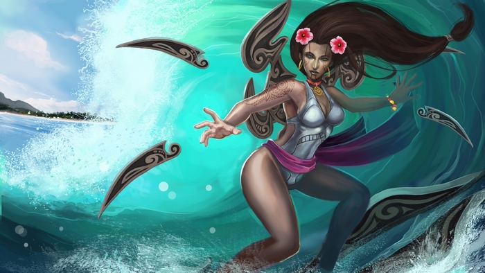 Irelia from League of Legends surfing a wave