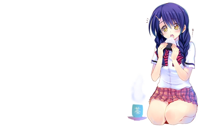 Megumi Tadokoro eating onigiri with tea