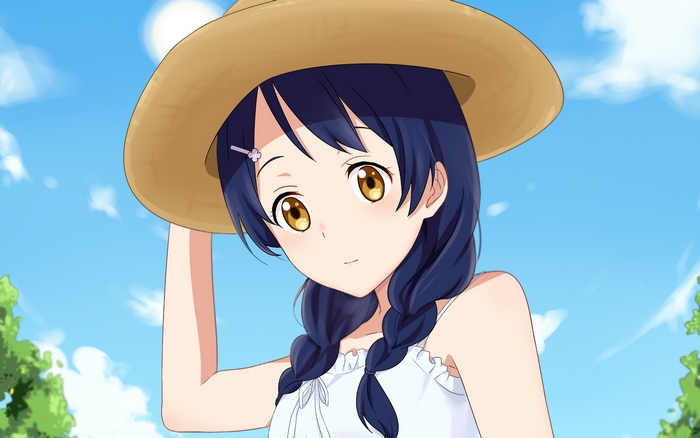 Megumi Tadokoro wearing a straw hat