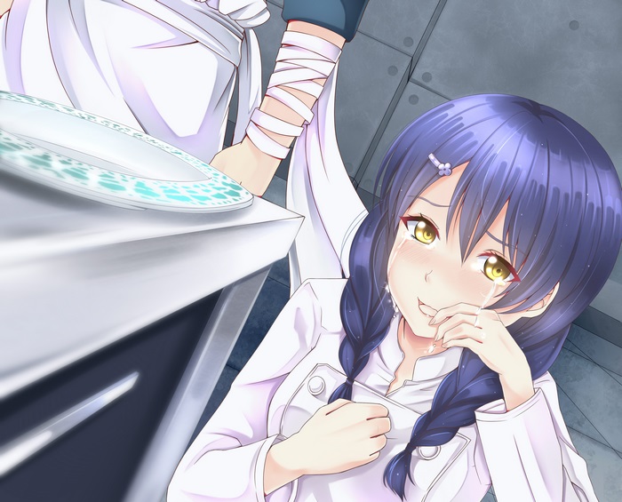 Megumi Tadokoro crying in a kitchen