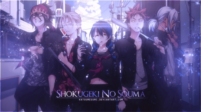 Shokugeki no Souma characters in a street