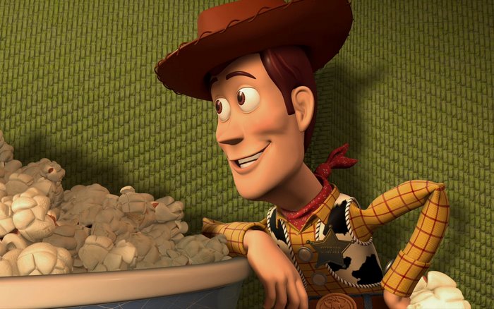 Woody from Toy Story leaning on popcorn