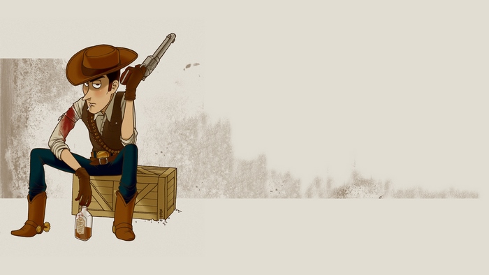 Woody from Toy Story with a gun and bottle