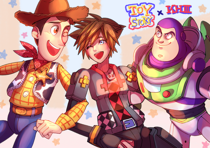 Woody, Sora, and Buzz Lightyear from Toy Story and Kingdom Hearts III