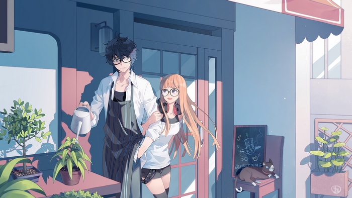 Futaba Sakura and Joker from Persona 5 watering plants