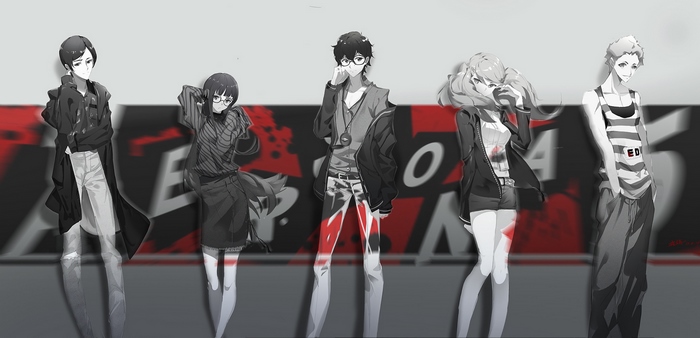 Persona 5 characters in grayscale with red accents