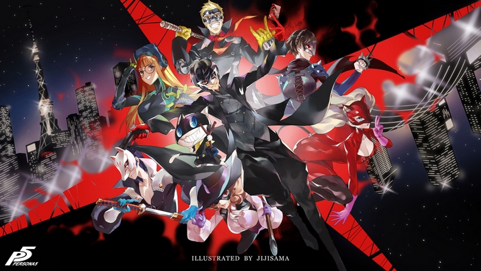 Persona 5 characters in front of a city skyline