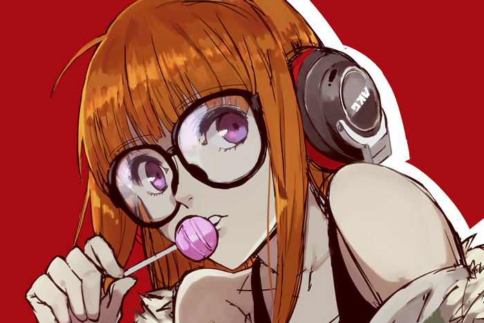 Futaba Sakura from Persona 5 with lollipop and headphones