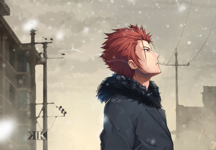 Mikoto Suoh smoking in the snow