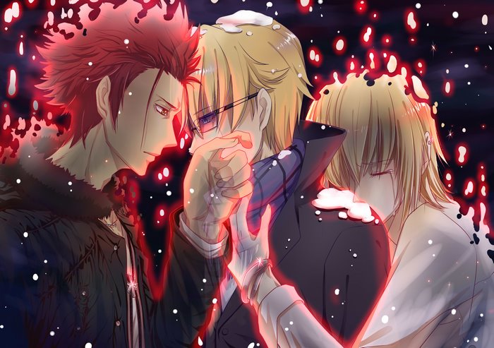 Mikoto Suoh and two other men in snow