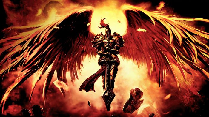 Kayle from League of Legends with fiery wings