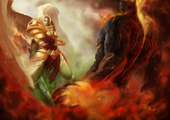 Kayle from League of Legends fighting a lava monster