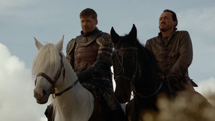 Bronn and Jaime Lannister from Game of Thrones on horseback