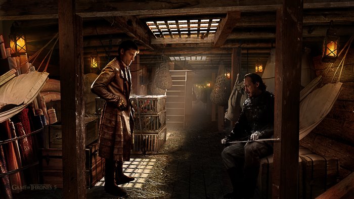 Bronn from Game of Thrones in a barn