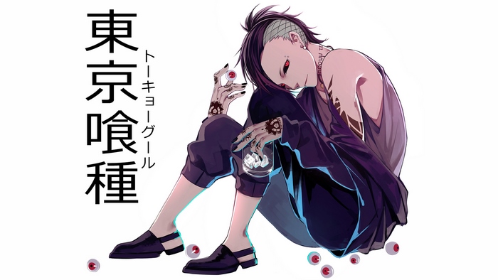 Uta from Tokyo Ghoul sitting with eyes