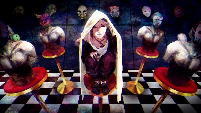 Uta from Tokyo Ghoul sitting in a room with masks