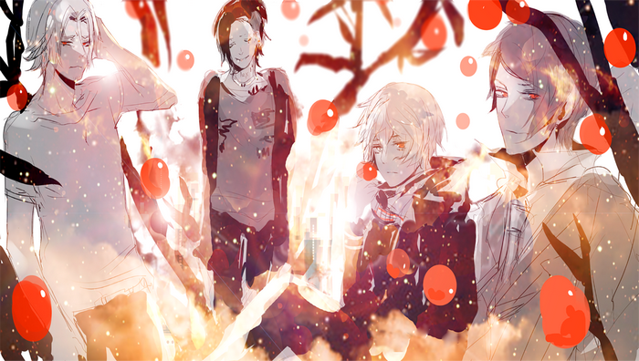 Four young men with red eyes and anime style