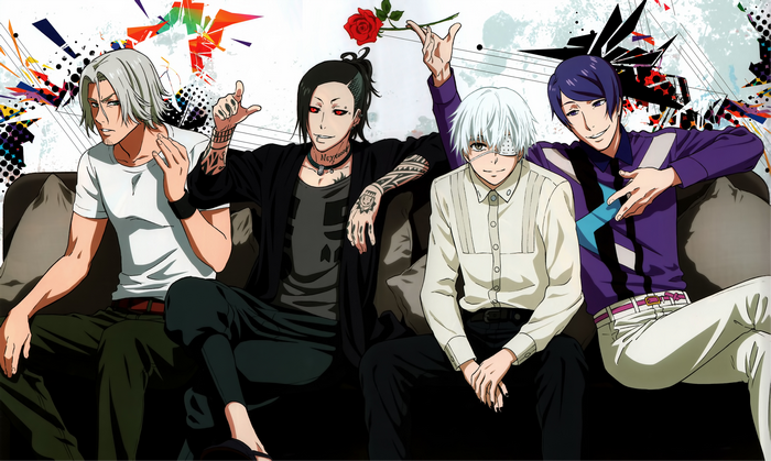 Four men from Tokyo Ghoul sitting on a couch