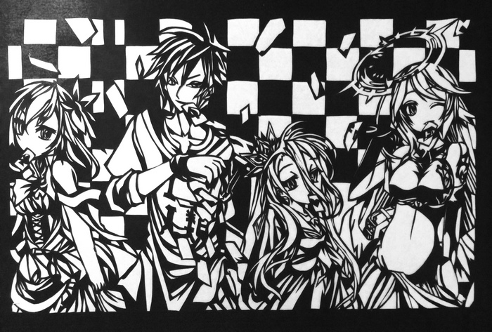 Sora, Shiro, Jibril, and Stephanie from No Game No Life