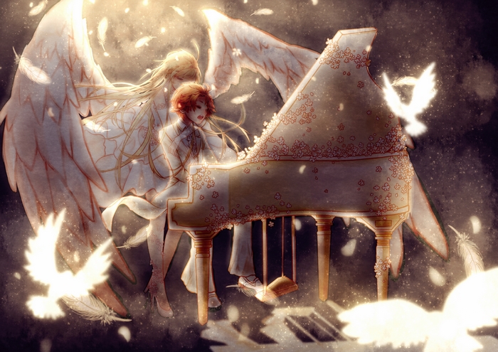 Anime characters playing piano with angel wings