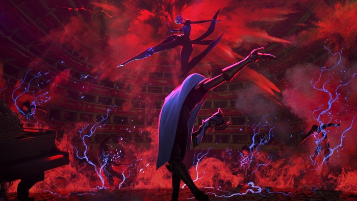 Jhin from League of Legends in a red arena