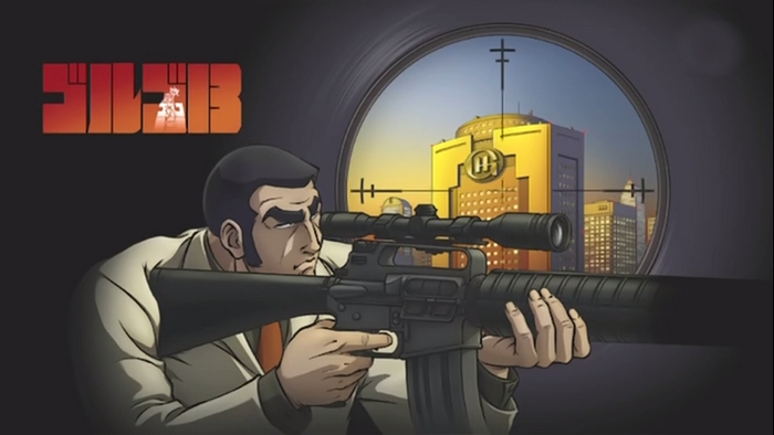 Golgo 13 aiming a rifle through a scope