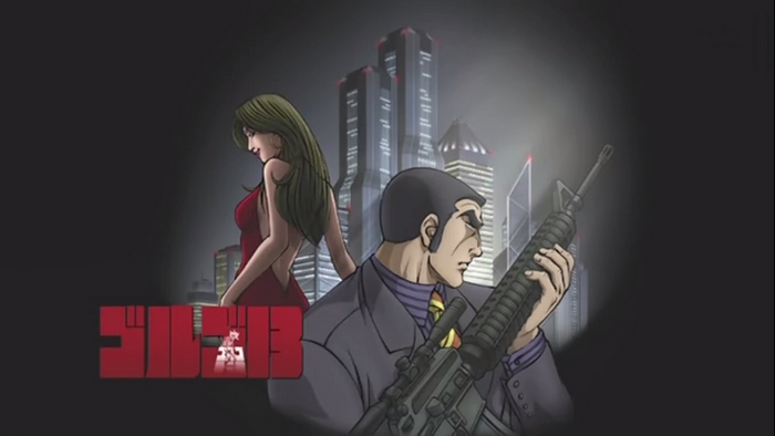 Golgo 13 with a woman and city skyline