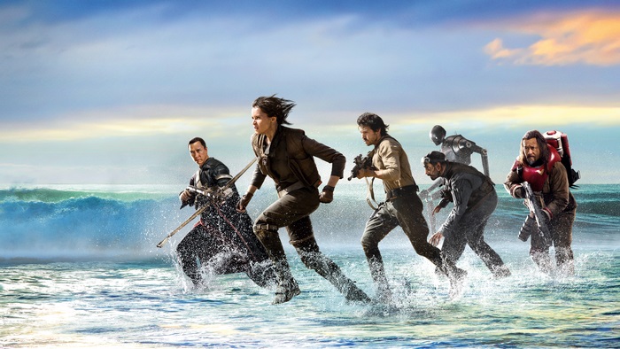 Jyn Erso and allies running through water