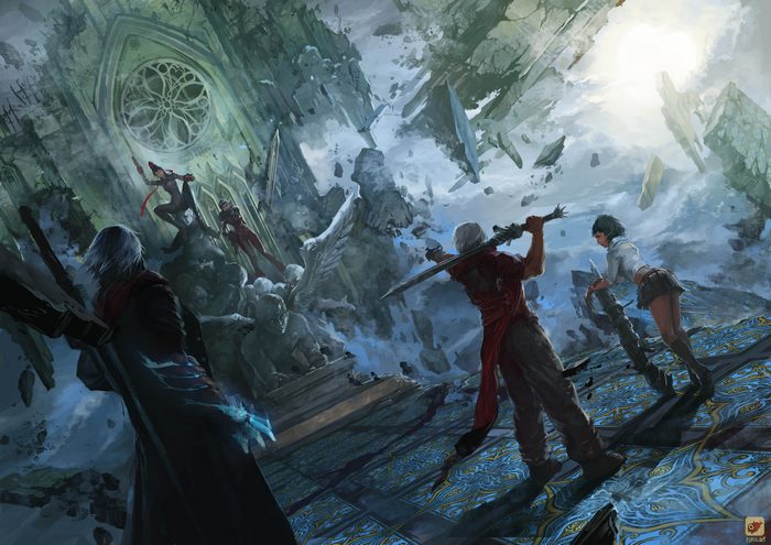 Characters from Devil May Cry in a ruined cathedral