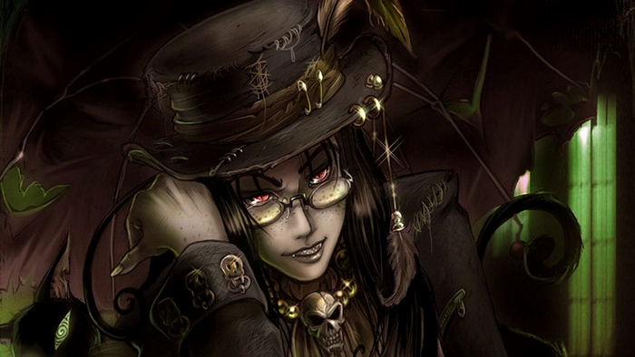 Gothic character with glasses and skull necklace