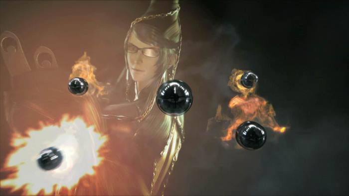 Bayonetta with magical orbs and fire effects