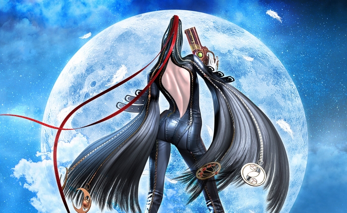 Bayonetta with a gun in front of the moon