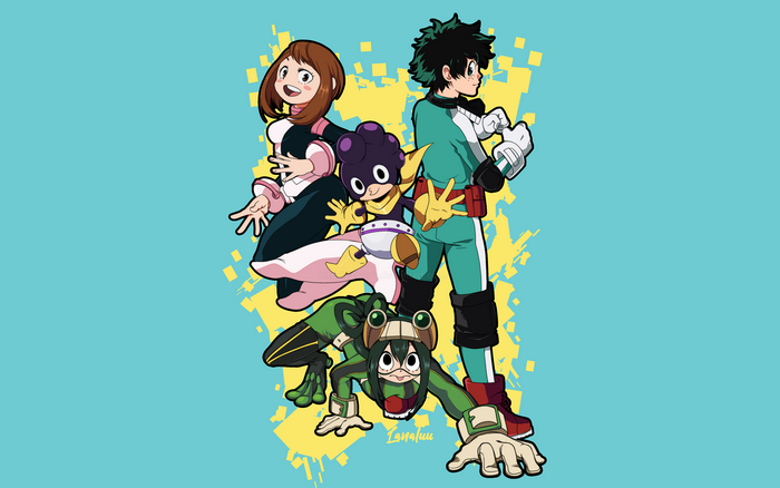 My Hero Academia characters Ochaco Uraraka, Minoru Mineta, Tsuyu Asui, and Izuku Midoriya