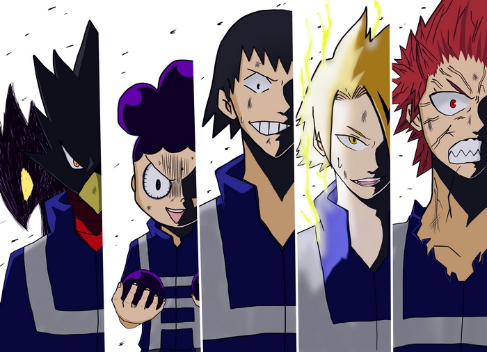 My Hero Academia characters: Tokoyami, Mineta, Koda, Kaminari, Kirishima