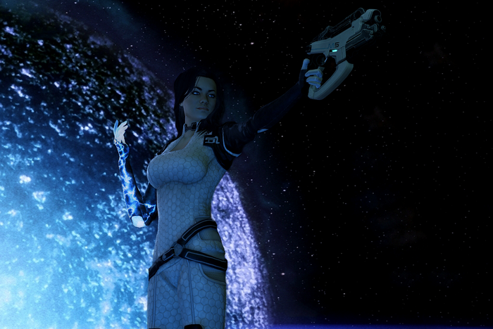 Miranda Lawson from Mass Effect holding a gun