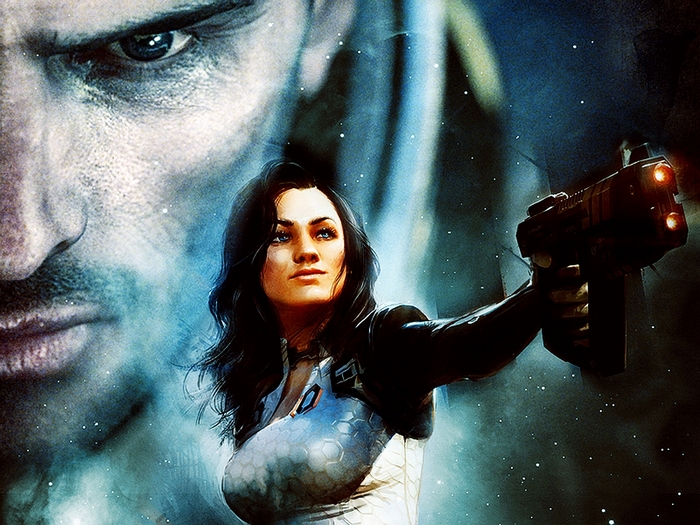 Miranda Lawson from Mass Effect holding a gun