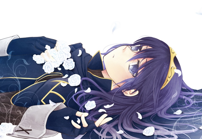 Lucina from Fire Emblem lying down with white roses