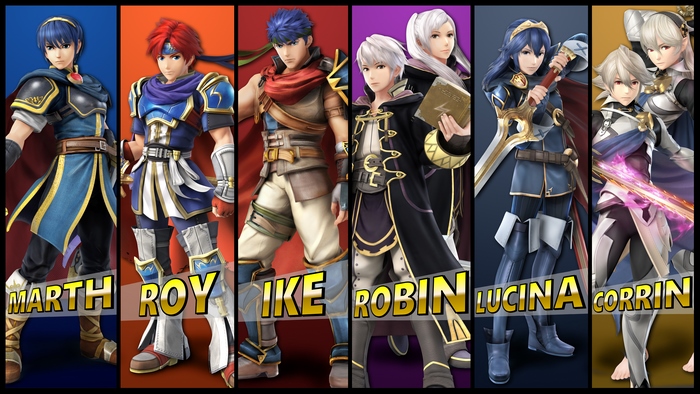 Marth, Roy, Ike, Robin, Lucina, and Corrin from Fire Emblem