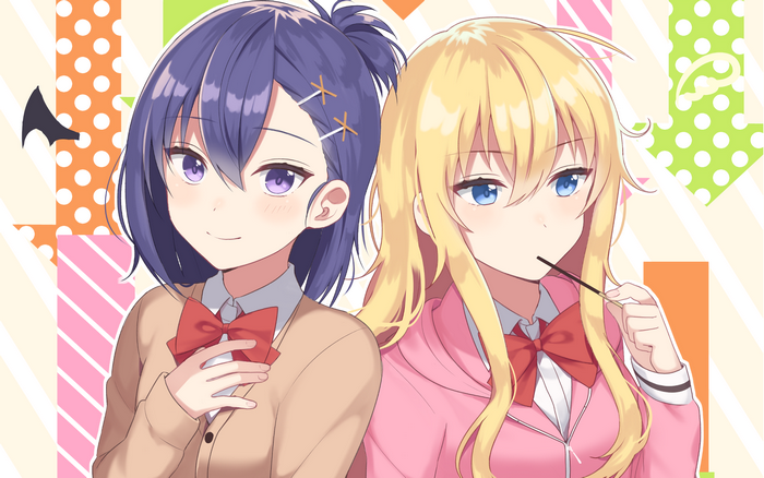 Two anime girls with purple and blonde hair