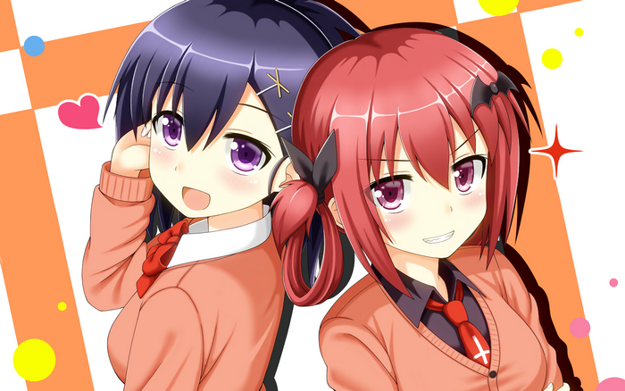 Two anime girls with purple and red hair