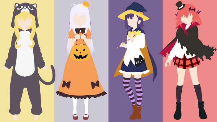 Four anime girls in Halloween costumes