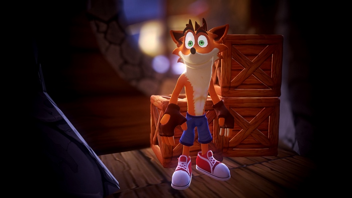 Crash Bandicoot standing near wooden crates