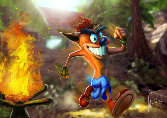 Crash Bandicoot running from a campfire