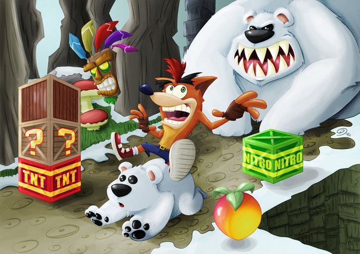 Crash Bandicoot with Aku Aku and Polar Bears