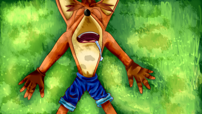 Crash Bandicoot sleeping on grass